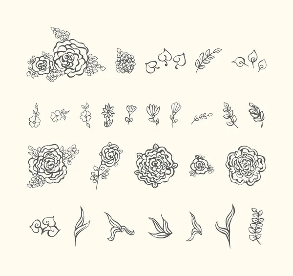 Colección Plantas Ornamentales Elementos Dibujados Mano Conjunto Flores Hojas Brotes — Vector de stock