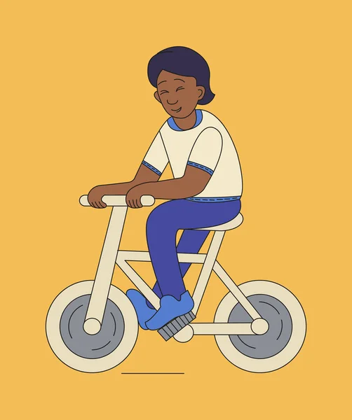 Junger Mann Auf Einem Fahrrad Fröhliche Jungenfigur Cartoon Stil Vektorfarbige — Stockvektor