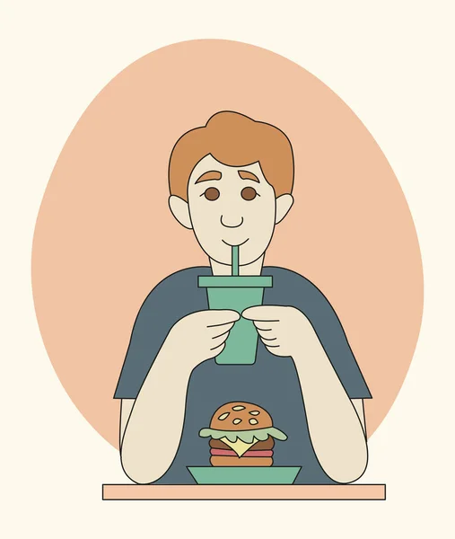 Jovem Come Fast Food Estilo Desenho Animado Caráter Alegre Ilustração —  Vetores de Stock