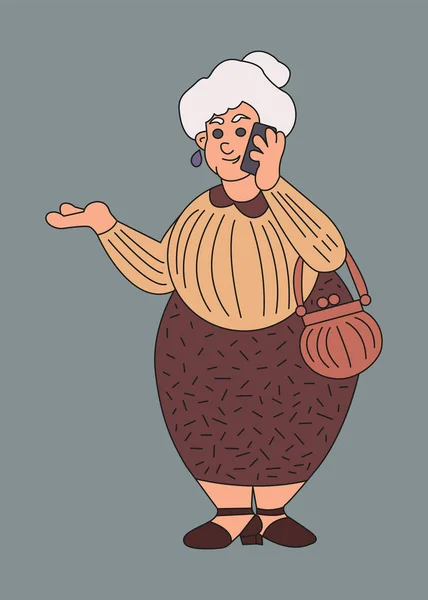 Una Anciana Elegante Está Hablando Por Teléfono Móvil Alegre Carácter — Vector de stock