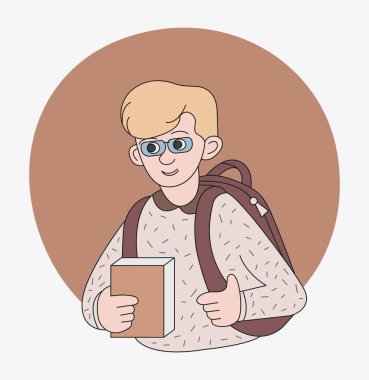 Sırt çantası ve gözlüklü bir çocuk. Genç bir okul çocuğunun portresi, öğrenci. Vektör renk çizim çizim biçimi.