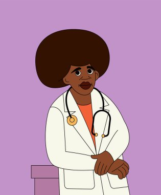 Dost canlısı Afrikalı erkek terapist. Genç bir doktorun portresi, doktor önlüğü ve steteskopuyla. Vektör renk illüstrasyonu.