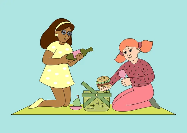 Gadis Gadis Sedang Piknik Dua Karakter Lucu Dari Ras Yang - Stok Vektor