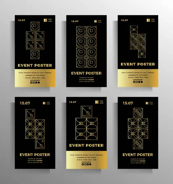 バナー チラシ ポスター パンフレット 小冊子 本のデザイン ベクトル幾何学模様のセット 金と黒の色 形式は縦に細長い — ストックベクタ