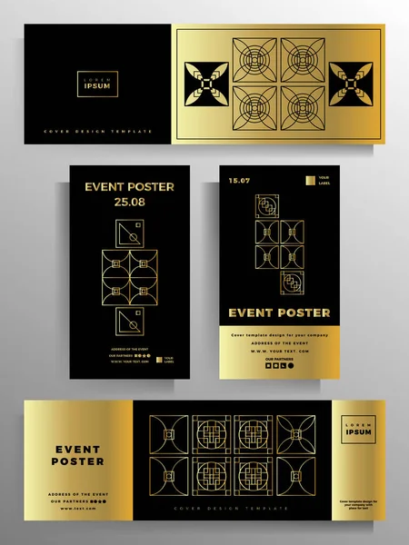 バナー チラシ ポスター パンフレット 小冊子 本のデザイン ベクトル幾何学模様のセット 金と黒の色 書式が拡張されます — ストックベクタ