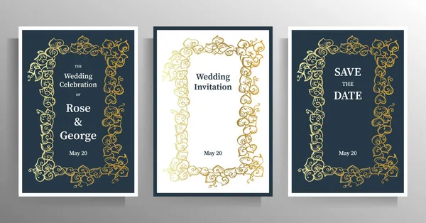 Набор Шаблонов Свадебных Приглашений Графический Дизайн Ручной Работы Декоративной Рамкой — стоковый вектор