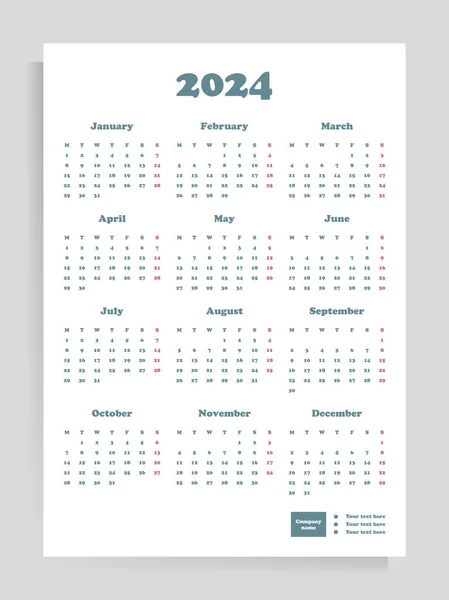 Плакат Календаря 2024 Року Векторний Вертикальний Шаблон Формату — стоковий вектор