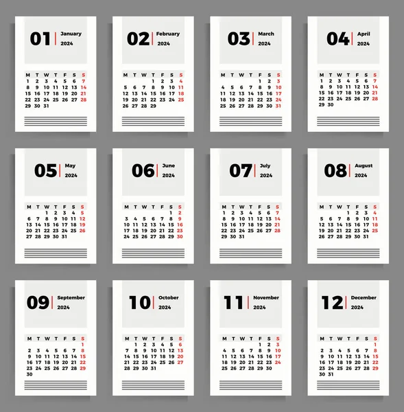Ежемесячный Календарь 2024 Год Набор Векторных Вертикальных Шаблонов Формате — стоковый вектор