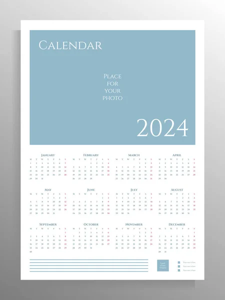 Плакат Календаря 2024 Год Векторный Вертикальный Шаблон Формата Местом Изображения — стоковый вектор