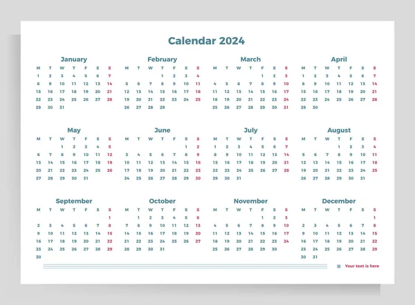 Плакат Календаря 2024 Год Векторный Горизонтальный Шаблон Формата — стоковый вектор