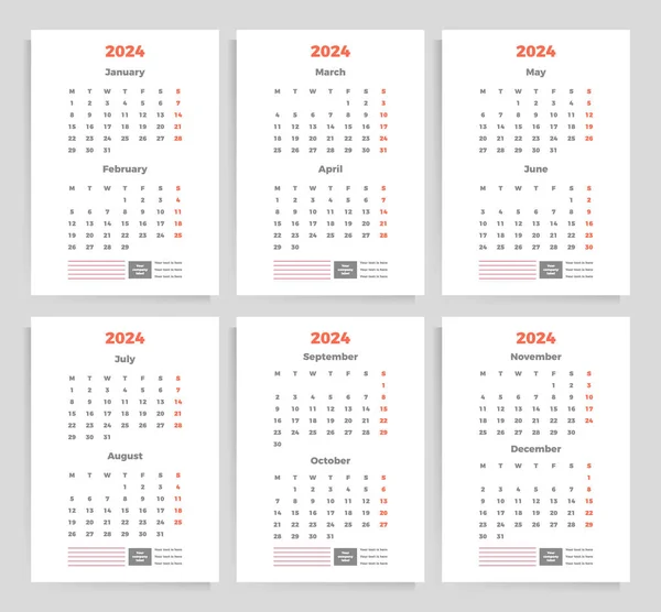 Quarterly Calendar 2024 Year Vertical Vector Template — Stock Vector