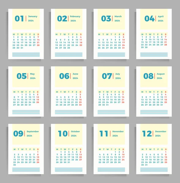Ежемесячный Календарь 2024 Год Набор Векторных Вертикальных Шаблонов Формате — стоковый вектор
