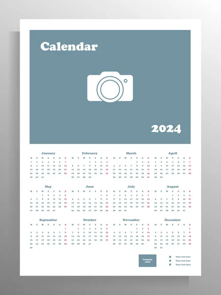 Calendar Poster 2024 Vector Vertical Template Format Place Your Image — Stock Vector