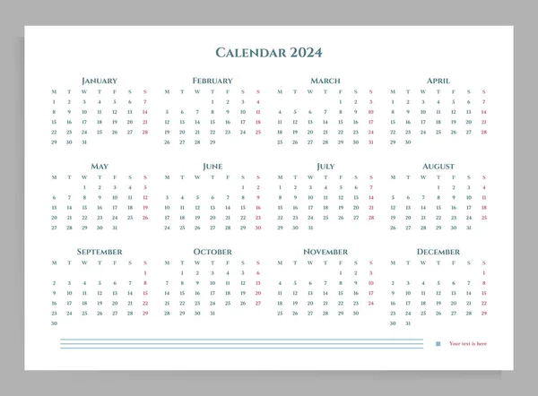 Calendar Poster 2024 Vector Horizontal Template Format — Stock Vector