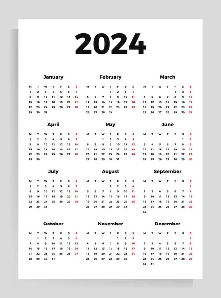 Calendar Poster 2024 Vector Vertical Template Format — Stock Vector