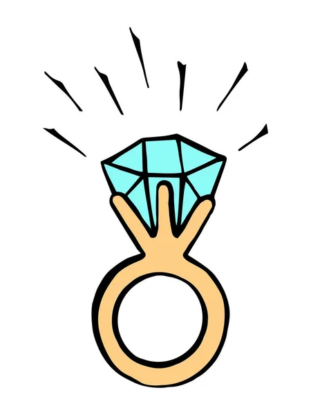 Engagement Ring Diamond Doodle Style Hand Drawn Vector Color Isolated — Stock Vector