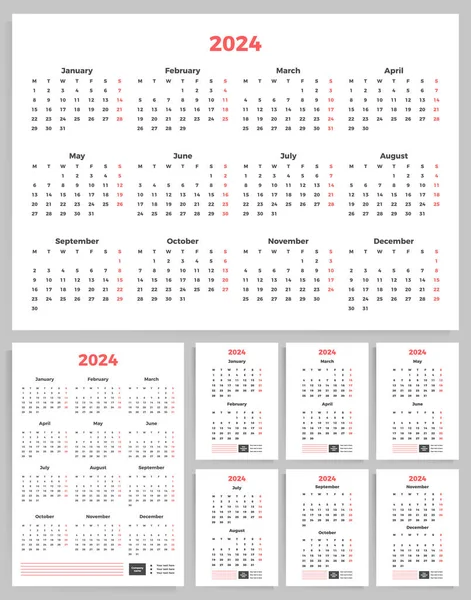 カレンダー2024年 A4形式の縦 横のポスターカレンダー用ベクトルテンプレート及び四半期の縦カレンダーのセット — ストックベクタ