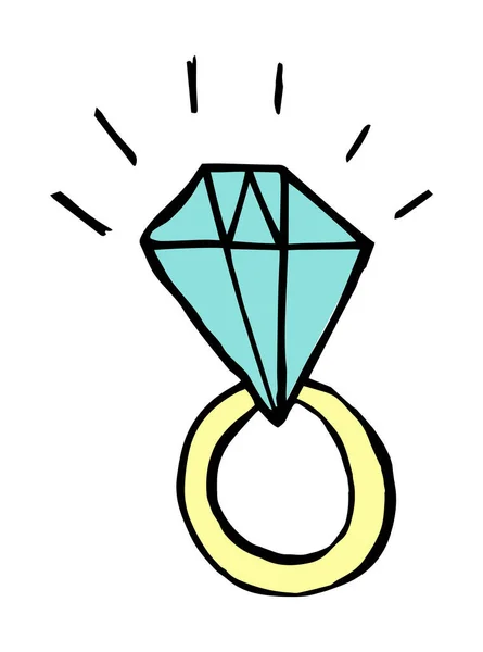 Verlovingsring Met Diamant Doodle Stijl Handgetekende Vector Kleur Geïsoleerde Illustratie — Stockvector