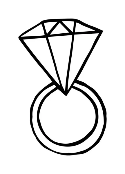 Diamantener Verlobungsring Doodle Stil Handgezeichnete Monochrom Linear Isolierte Darstellung Eines — Stockvektor
