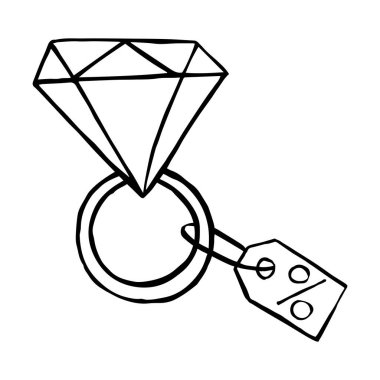 Elmas nişan yüzüğü karalama stili. El çizimi tek renkli vektör doğrusal izole resimleme.