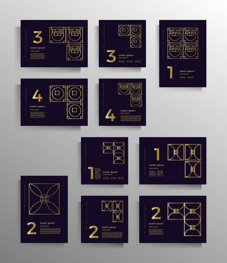 Cover design for brochure, booklet, book, poster, flyer, textbook, folder. Collection of vector geometric patterns with golden lines. A set of templates of different formats.