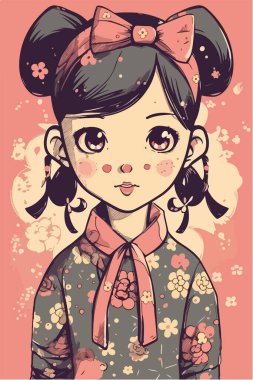 Japon elbiseli Asyalı kadın, vektör sanat çizimi. 