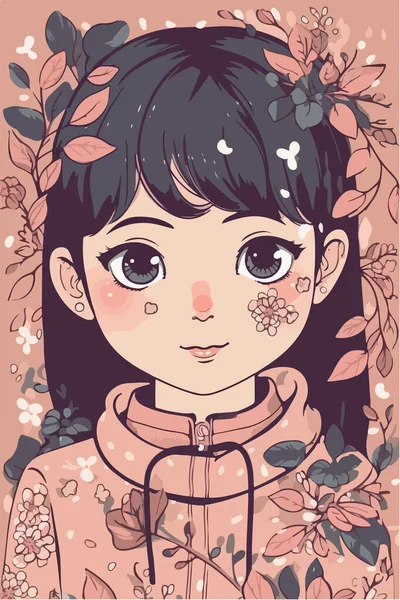 Aranyos Lány Koszorúban Virágok Levelek — Stock Vector