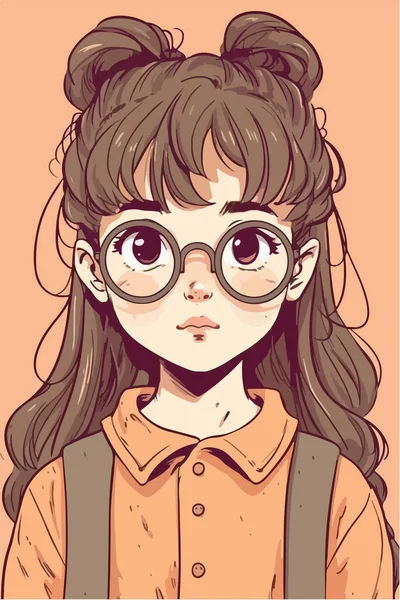 Retrato Una Linda Chica Gafas Dibujado Mano Personaje Dibujos Animados — Vector de stock