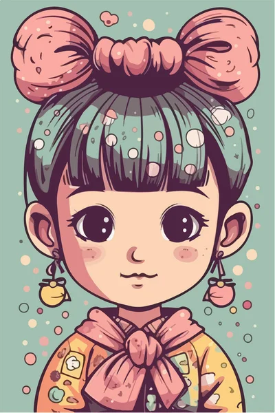Mignonne Asiatique Fille Avec Rose Cheveux Yeux — Image vectorielle