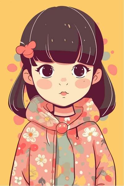Pembe Elbiseli Şirin Küçük Kız Japon Tarzında Vektör Illüstrasyonu — Stok Vektör