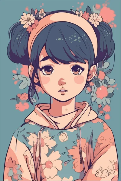 Cute Asian Girl Art Illustration — 스톡 벡터