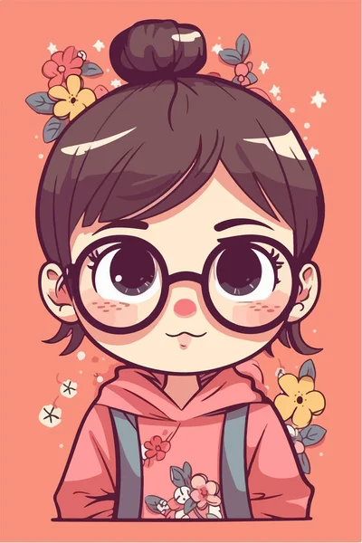 Cute Girl Glasses Flowers Her Hair Vector Illustration Cartoon Style — Stock Vector