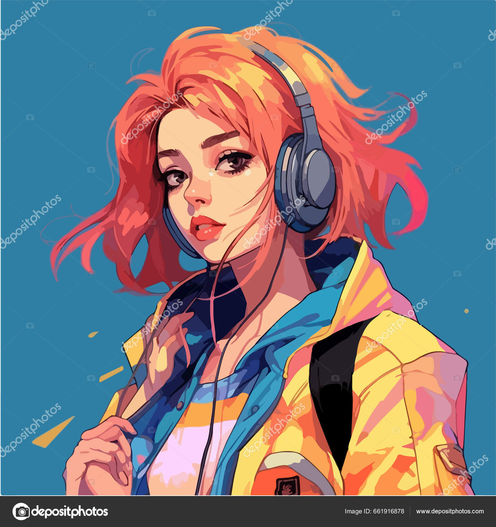 Cute Anime Girl with Headphone Digital Art Stock Illustration