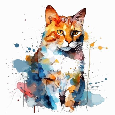 Renkli boyalı şirin bir kedinin suluboya portresi. 