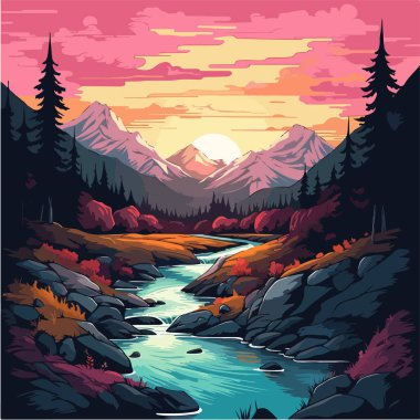 Nehir ve ağaçlarla dolu güzel bir dağ manzarasının vektör çizimi 