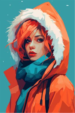 Kışlık elbiseli bir kızın vektör portresi. 