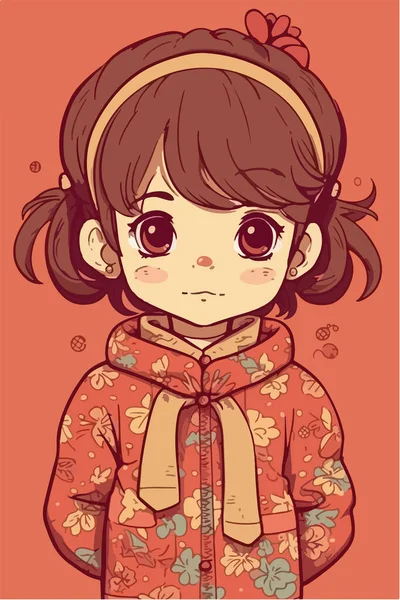 Cute Asian Girl Kimono Vector Illustration — Stock Vector