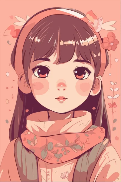 Mignonne Fille Asiatique Avec Des Fleurs Style Dessin Main Illustration — Image vectorielle