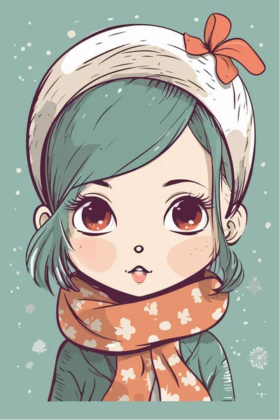 Cute Cartoon Girl Winter Hat Scarf Mittens — Stock Vector