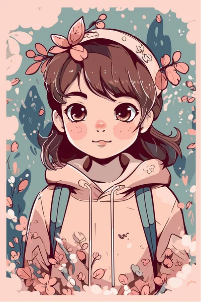 Vector Illustration Cute Little Girl Flowers — Stock Vector