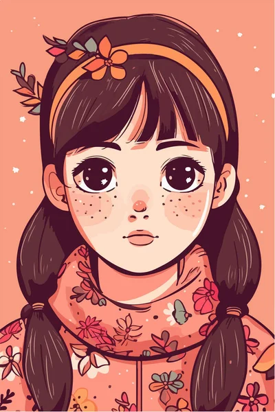 Милая Маленькая Девочка Цветами Листьями — стоковый вектор