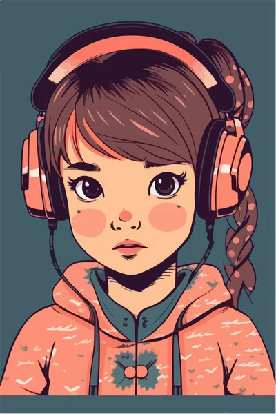 Leuk Meisje Luisteren Naar Muziek Hoofdtelefoon Vectorillustratie Van Een Kind — Stockvector