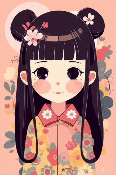 アジア系の女の子かわいい日本のキャラクター 着物を着た長髪の日本人女性 — ストックベクタ