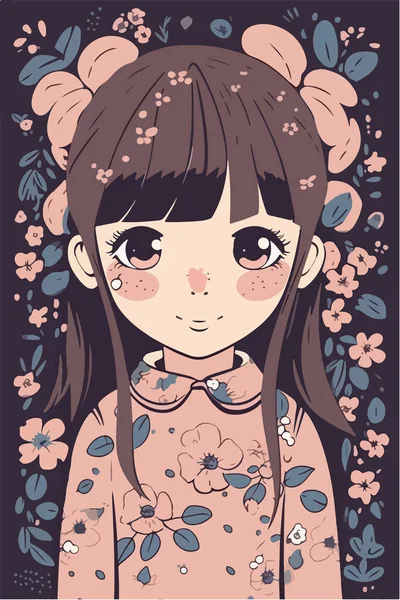 Cute Girl Pink Dress Flowers Wreath Flowers Vector Illustrations — Stock Vector