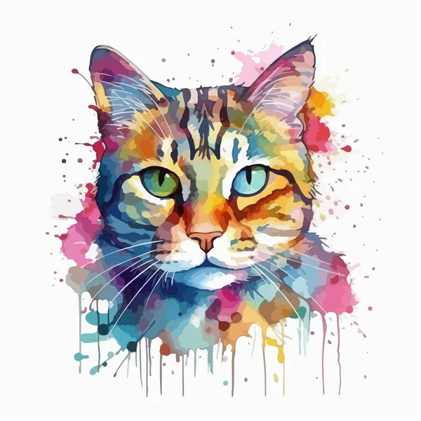 색깔의 귀여운 고양이의 수채화 손으로 인쇄물 디자인 포스터 — 스톡 벡터