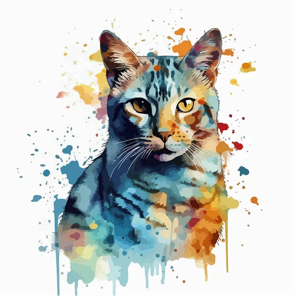 Colorful Watercolor Portrait Beautiful Cat White Background — Stock Vector