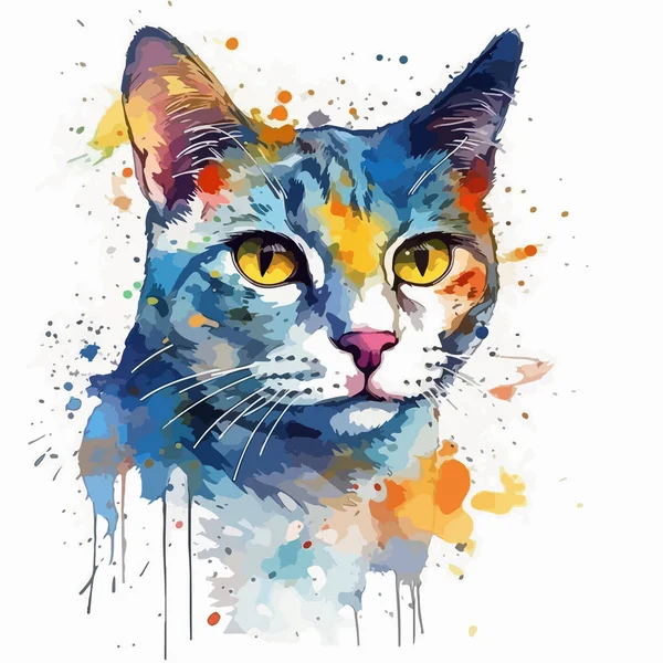 カラフルな斑点のある猫の水彩画です — ストックベクタ