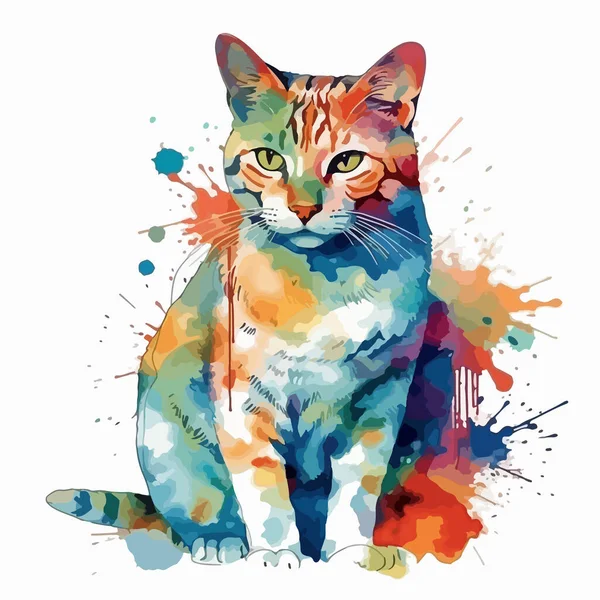 Chat Aquarelle Avec Des Taches Colorées — Image vectorielle
