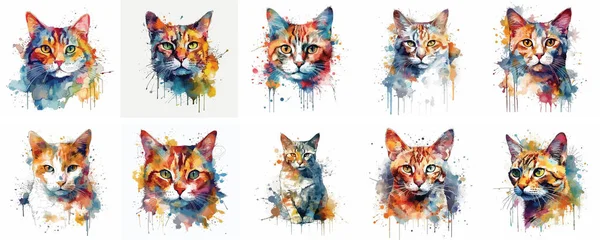 Set Colorful Watercolor Cats — Stock Vector