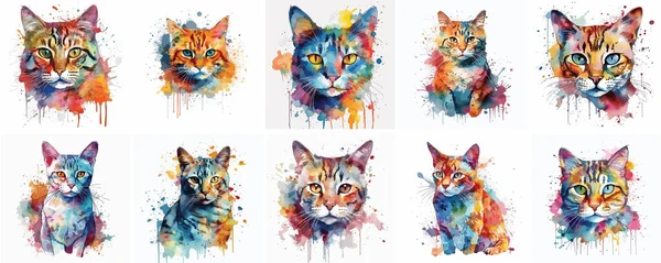 Set Van Kleurrijke Aquarel Katten — Stockvector